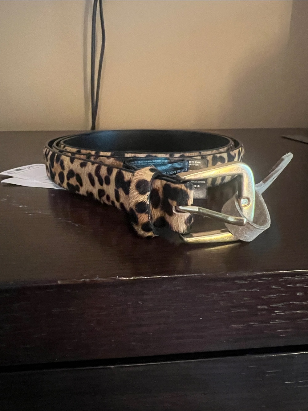 Mango Leopard Print Haircalf Belt with Gold Buckle
